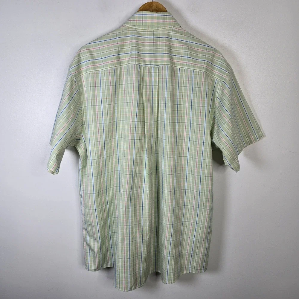 Orvis Mens Short Sleeve‎ Plaid Button Down Shirt Size L Green Pink Blue Check